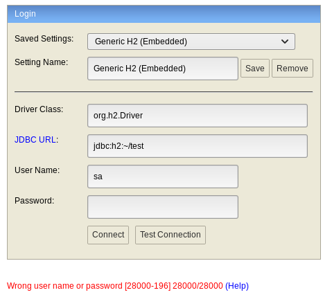 H2 login failed